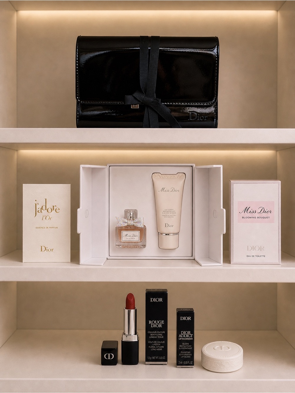 SOLD Dior 10-Piece Beauty Lot w/ Dior Black Patent Clutch, Miss Dior & Lip Set